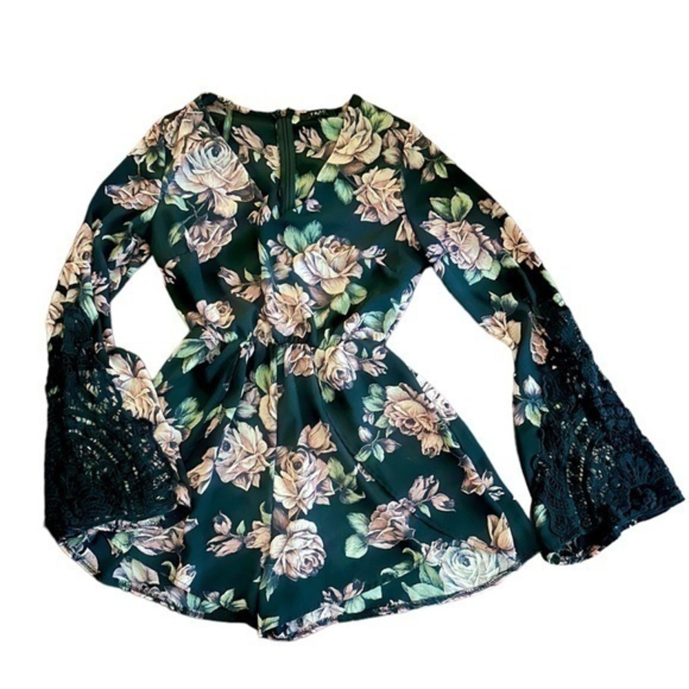 TRAC Pink Floral Romper - Lace Detail Bell Sleeves - Size Small
